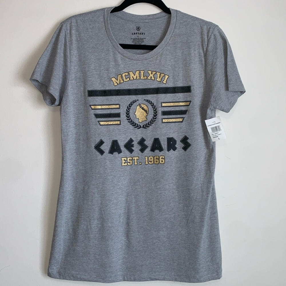 Caesars Shirt Top Short Sleeve Tee Las Vegas Large Womens New Gray Black